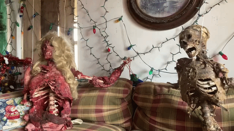 stop-motion set — puppets on the couch